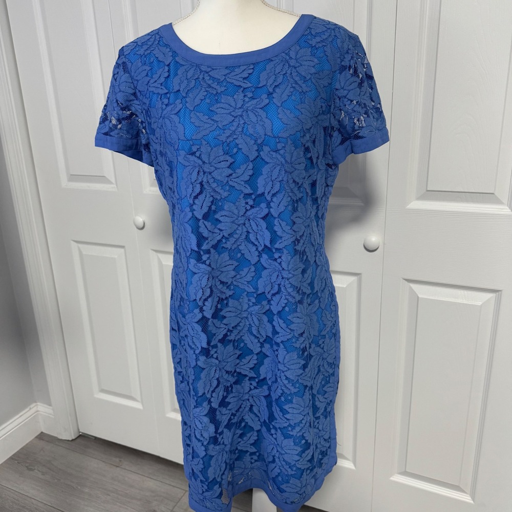 Donna Morgan Royal Blue Floral Lace Sheath Dress Short Sleeve Size 10